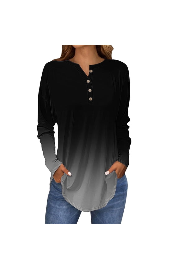 Casual Long Sleeve Top for Women with V Neck Button Front and Curved Hemline L Size Black