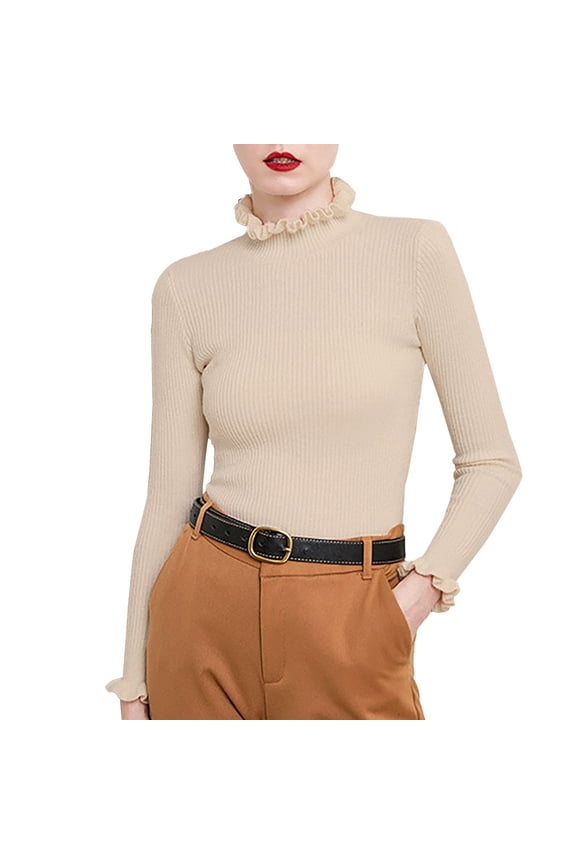Chic Lace Cuff Knit Sweater for Women Thickened Comfortable Pullover Simple Casual Fall and Winter L Size Beige