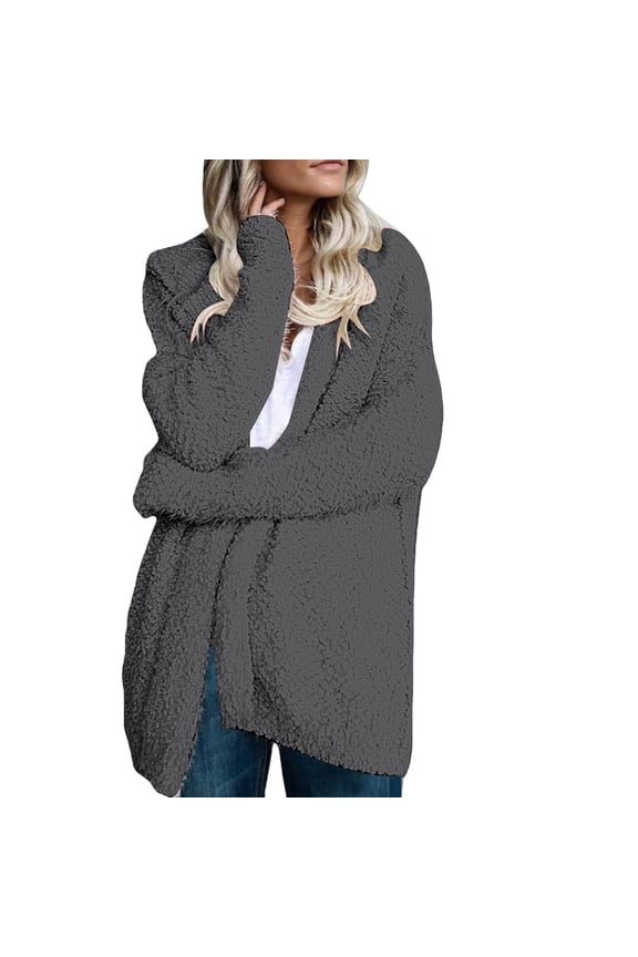 Chunky Knit Open Front Cardigan Jacket Long Sleeve Soft Sweater Coat With Pockets Womens Fall 2025 L Size Dark Gray