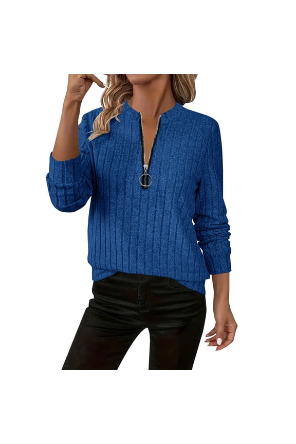 Contemporary Women's Knit Top Textured Slub Fabric Round Neck Zip Front Loose Fit Long Sleeve Comfort Wear XXL Size Blue
