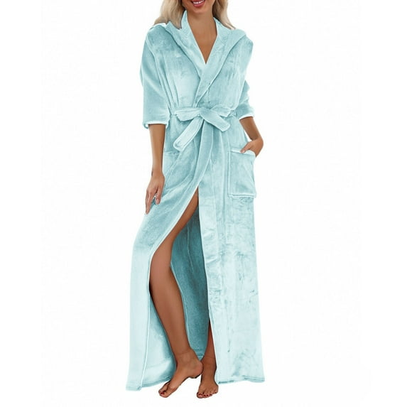 Breezora Cozy Women's Long Hooded Bathrobe Soft Warm Spa Robe with Pockets for Comfortable Lounge and Leisure XL Size Light Blue