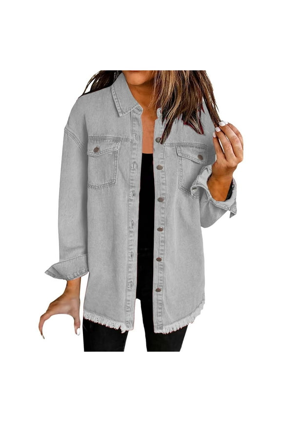 Distressed Denim Shirt Jacket for Women Casual Oversized Washed Finish Raw Hem Lightweight Layering Piece L Size Grey