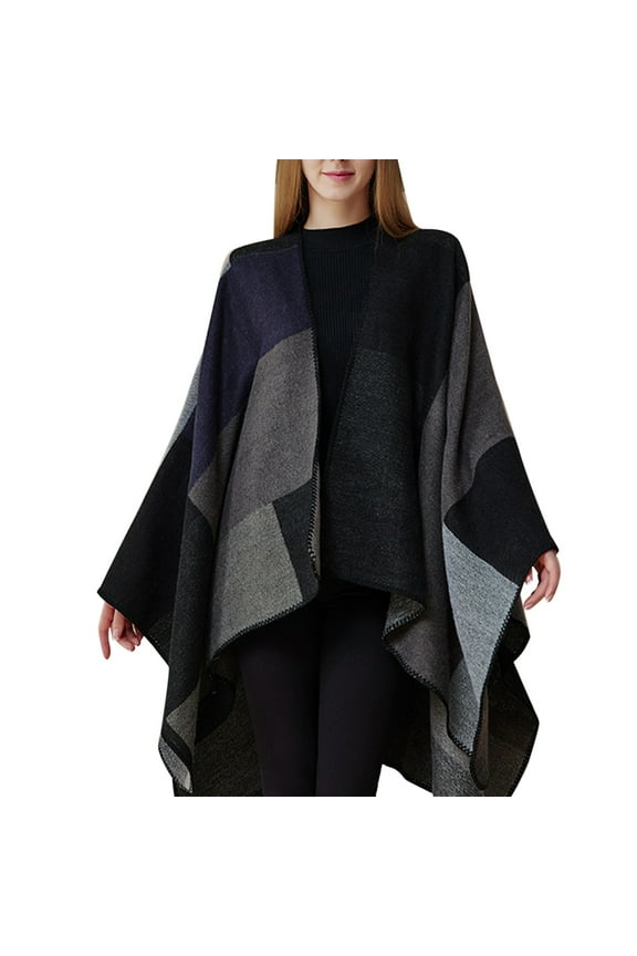 Elegant Lightweight Plaid Wrap With Pockets For Women Versatile Open Front Long Poncho Cape Cozy Lounge Wear For Fall And Winter Black