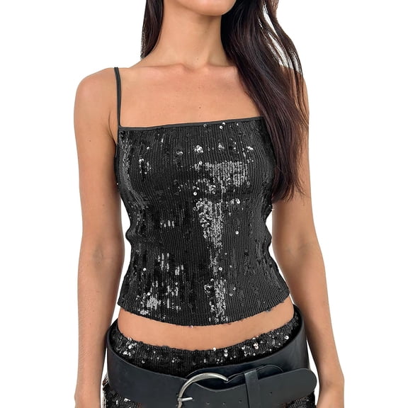Breezora Elegant Sparkly Sequin Top For Women Spaghetti Strap Glitter Crop Top Bodycon Sleeveless Blouse For Evening Party M Size Black
