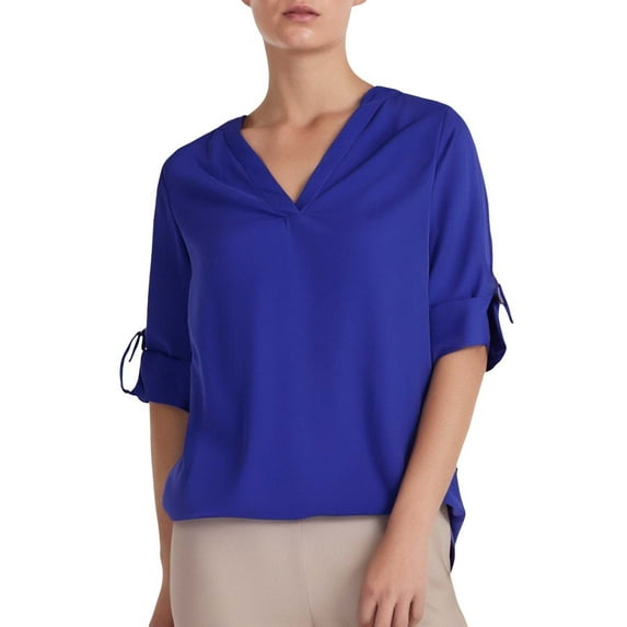 Breezora Elegant Women's V Neck Chiffon Blouse Soft Flowy Long Sleeve Pullover Top Lightweight Wrinkle Resistant For Work And Special Occasions XL Size Blue