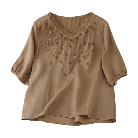 Breezora Embroidered Linen Blend Top For Women With Sheer Mesh Insert Casual Short Sleeve Blouse Artistic Design Summer Wear L Size Khaki