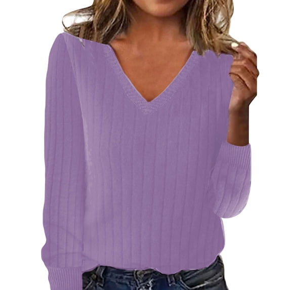 Breezora European American Style Loose Fit Women Sweater V Neck Ribbed Knit Top Long Sleeve Basic Pullover XXL Size Purple
