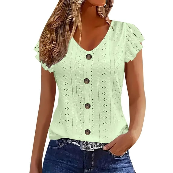 Breezora Eyelet Embellished V Neck Blouse for Women Button Detail Short Sleeve Flowy Casual Top Breezy Summer Shirt XXL Size Green