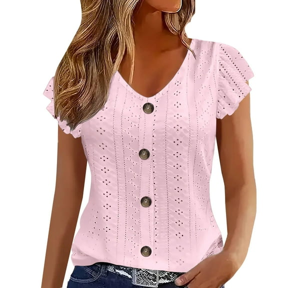 Breezora Eyelet Embellished V Neck Blouse for Women Button Detail Short Sleeve Flowy Casual Top Breezy Summer Shirt XXL Size Pink