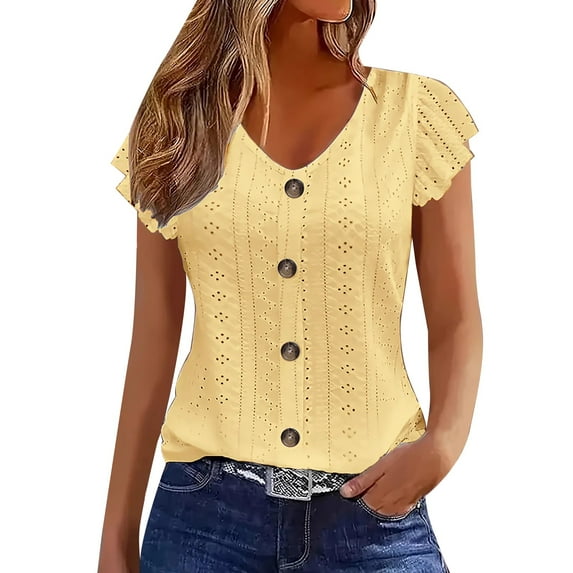 Breezora Eyelet Embellished V Neck Blouse for Women Button Detail Short Sleeve Flowy Casual Top Breezy Summer Shirt XXL Size Yellow