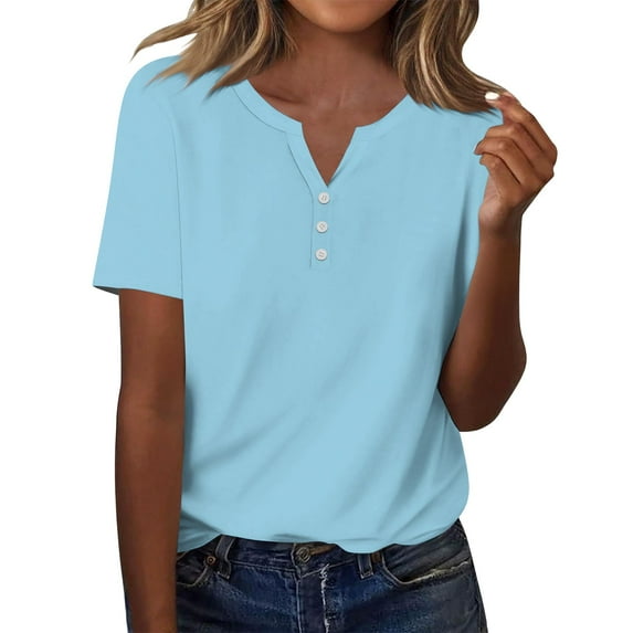 Breezora Fashion Basic Button Front Tee Women's Casual Short Sleeve Crew Neck Tops S Size Sky Blue