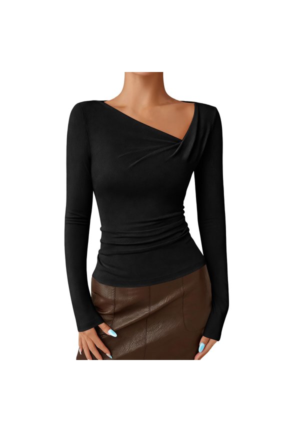 Fashion Bell Sleeve Shirt Women Asymmetrical Crop Top Slim Fit Ribbed Ruched Blouse Night Out Attire M Size Black