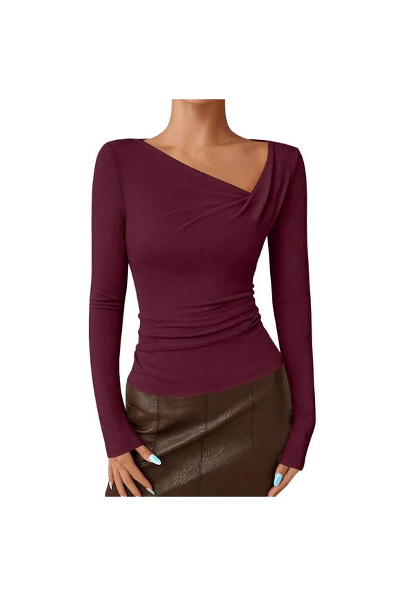 Fashion Bell Sleeve Shirt Women Asymmetrical Crop Top Slim Fit Ribbed Ruched Blouse Night Out Attire XL Size Wine