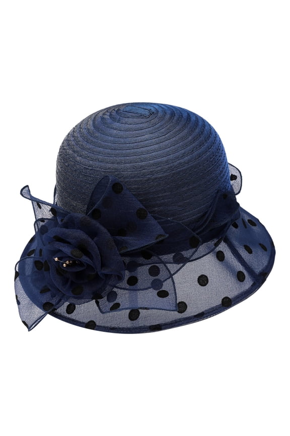 Fashionable Organza Summer Hat with Flower Accents for Outdoor Sun Shading and Beach Activities Navy