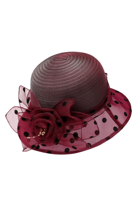 Fashionable Organza Summer Hat with Flower Accents for Outdoor Sun Shading and Beach Activities Red