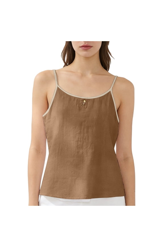 Flattering Camisole Tank Top for Women Thin Strap Crew Neck Design Back Decorative Button Fitted Waist Flared Silhouette L Size Coffee