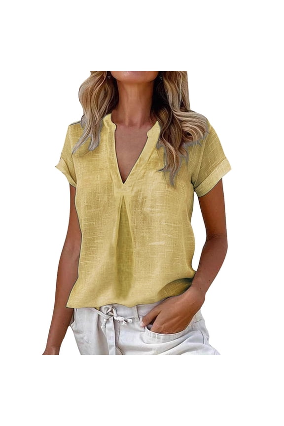 Flattering Women's V Neck Linen Short Sleeve Blouse Wrinkle Resistant Blend Fabric Tailored Fit Summer Top For Work And Social Events M Size Yellow