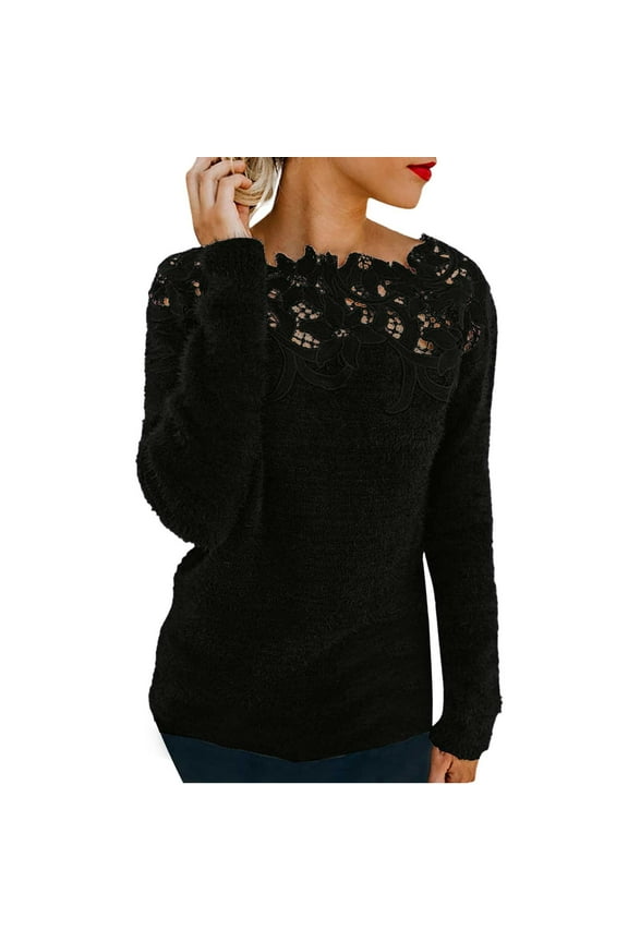 Floral Lace Patchwork Knit Sweater For Women Crewneck Long Sleeve Casual Pullover Top With Elegant Details L Size Black