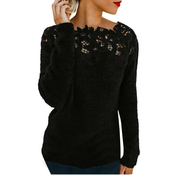 Breezora Floral Lace Patchwork Knit Sweater For Women Crewneck Long Sleeve Casual Pullover Top With Elegant Details XXXL Size Black