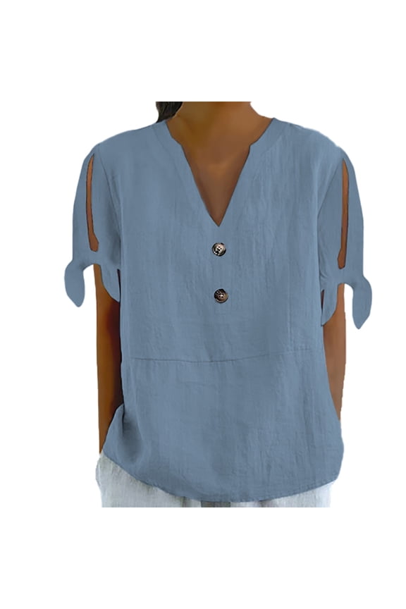 Flowy Short Sleeve Top for Women Unique Side Tie Design Fork Sleeve Casual Spring Summer T Shirt L Size Blue