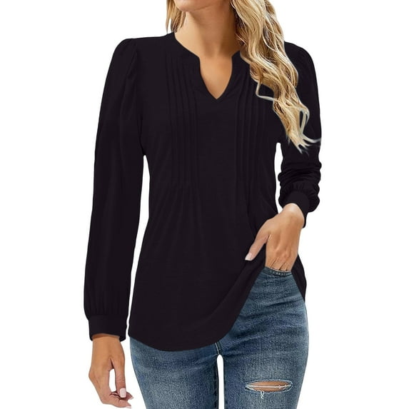 Breezora Flowy V Neck Pleated Tops for Women Puff Sleeve Printed Blouse Long Sleeve Shirt L Size Black