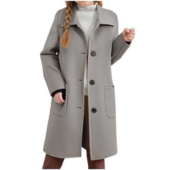 Breezora Girls Classic Notch Lapel Single Breasted Long Trench Coat with Pockets for Fall Winter Everyday Outerwear 160 Size Grey