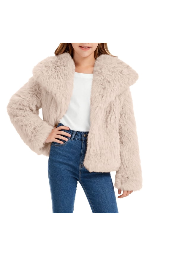 Girls Faux Fur Coat Plush Lapel Long Sleeve Jacket Winter Fashion Outerwear for Special Occasions 130 Size Beige
