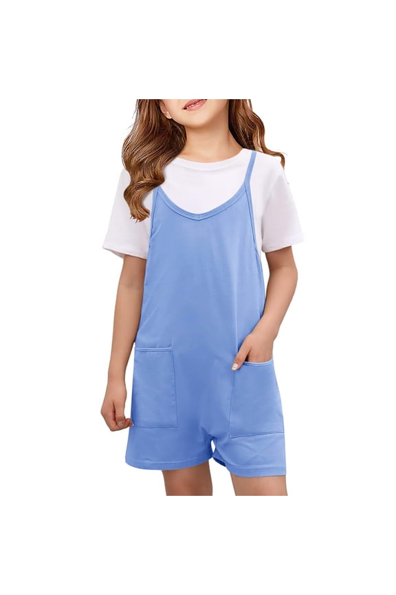 Girls Sleeveless Spaghetti Strap Casual Jumpsuit with Side Pockets Shorts Spring Summer Autumn Ages 5-14Y L Size Sky Blue