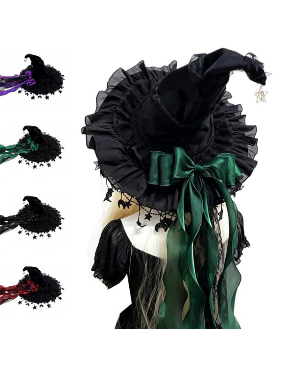 Halloween Pointed Witch Hat Gothic Ruffled Lace Trim Wide Brim Cap for Women Cosplay Party Masquerade Gift Set Hat