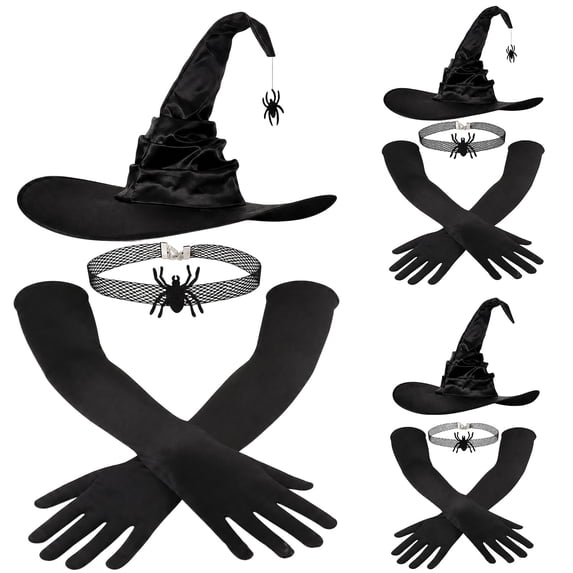 Breezora Halloween Witch Hat Set with Ruched Long Gloves for Women Costume Accessory Black Pointed Cap Dress Up Prop for Party Club Cosplay