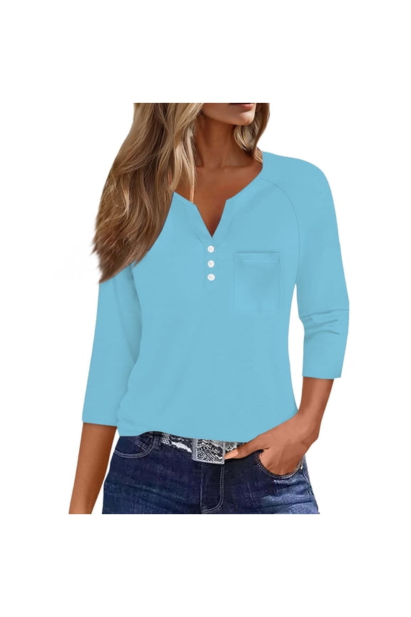 Henley Style V Neck Shirt Women Seven Sleeve Button Down Top with Chest Pocket for Casual Outings and Weekend Brunch S Size Light Blue