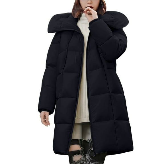 Breezora Hooded Longline Quilted Puffer Coat for Women Loose Fit Thickened Winter Jacket L Size Black