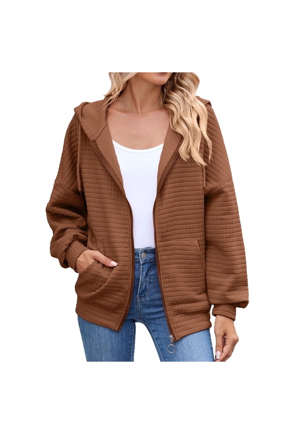 Hooded Waffle Knit Sweatshirt for Women Zipper Front Long Sleeve Spliced Casual Jacket L Size Brown