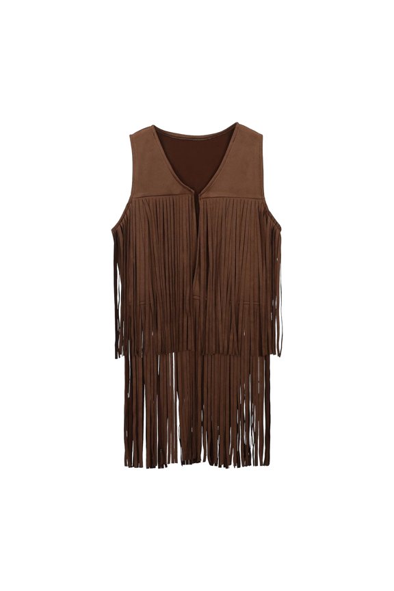 Kids Hippie Western Fringe Vest Top for Boys Girls Retro Jean Look T Shirt Festival Costume Outfit 130 Size Coffee