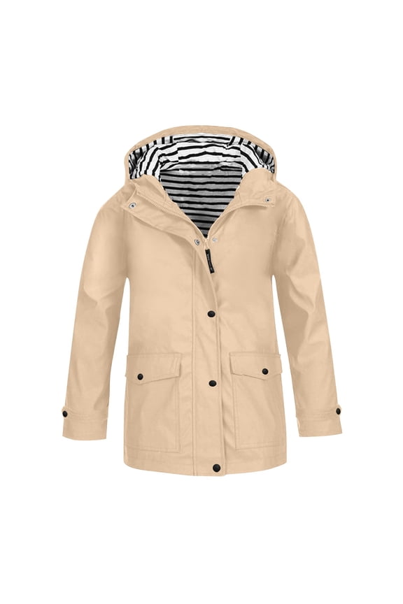Kids Waterproof Rain Jacket Windproof Hooded Windbreaker with Pockets Full Zip Outdoor Adventures Coat 110 Size Beige