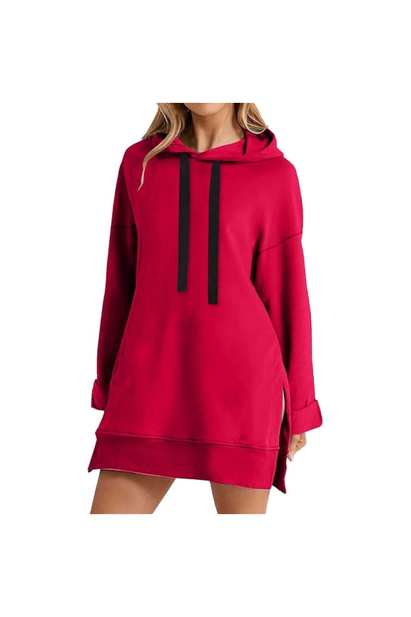 Knee Length Hooded Sweater Dress For Women Warm Plush Long Sleeve Pullover Split Hem Design Fall Winter Comfort Wear M Size Red