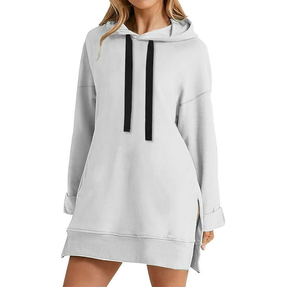 Breezora Knee Length Hooded Sweater Dress For Women Warm Plush Long Sleeve Pullover Split Hem Design Fall Winter Comfort Wear S Size White