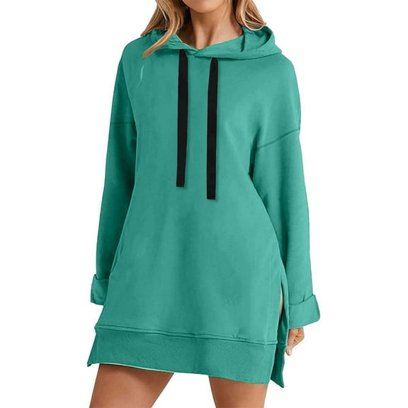 Breezora Knee Length Hooded Sweater Dress For Women Warm Plush Long Sleeve Pullover Split Hem Design Fall Winter Comfort Wear XL Size Green