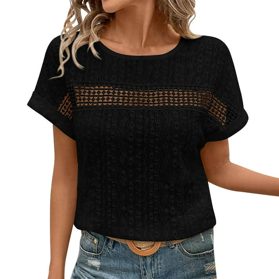 Breezora Lace Trim Batwing T Shirt Women's Fashion Short Sleeve Top with Hollow Out Design for Spring Summer S Size Black