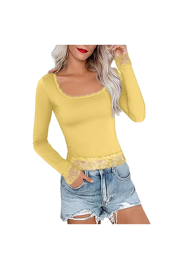 Lace Trim Open Collar Long Sleeve Top Slim Fit Base Layer Shirt For Women Elegant Style S Size Yellow