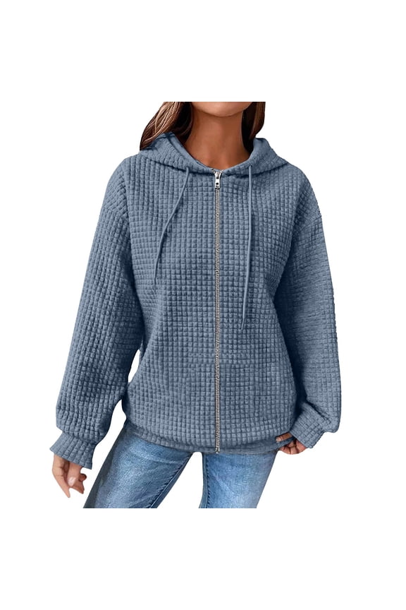 Ladies Casual Waffle Knit Hooded Jacket Loose Fit Drawstring Comfortable Fall Winter Outerwear Coat L Size Sky Blue