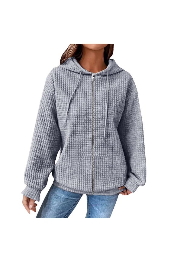 Ladies Casual Waffle Knit Hooded Jacket Loose Fit Drawstring Comfortable Fall Winter Outerwear Coat S Size Grey