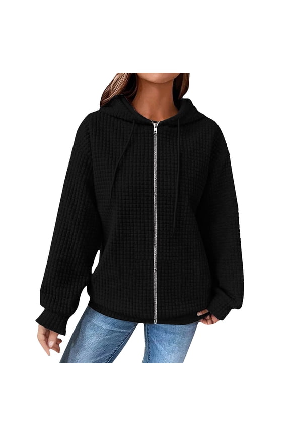 Ladies Casual Waffle Knit Hooded Jacket Loose Fit Drawstring Comfortable Fall Winter Outerwear Coat XXL Size Black