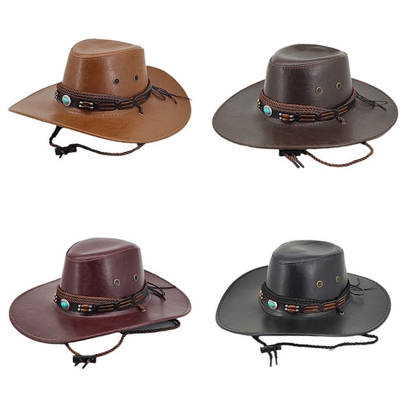 Breezora Leather Cowboy Hat For Men Women Wide Brim Western Style Hat With Beaded Detail