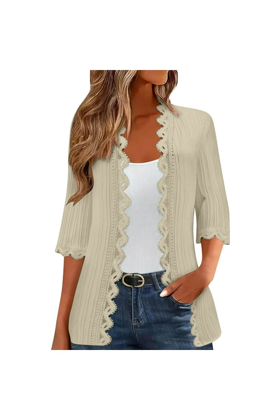 Lightweight Women's Open Front Kimono Cardigan 3/4 Sleeve Summer Cover Up Beach Lace Side Casual Sweater Jacket L Khaki