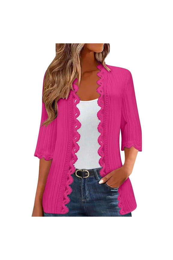 Lightweight Women's Open Front Kimono Cardigan 3/4 Sleeve Summer Cover Up Beach Lace Side Casual Sweater Jacket M Hot Pink