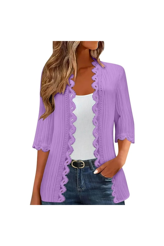 Lightweight Women's Open Front Kimono Cardigan 3/4 Sleeve Summer Cover Up Beach Lace Side Casual Sweater Jacket XXL Purple