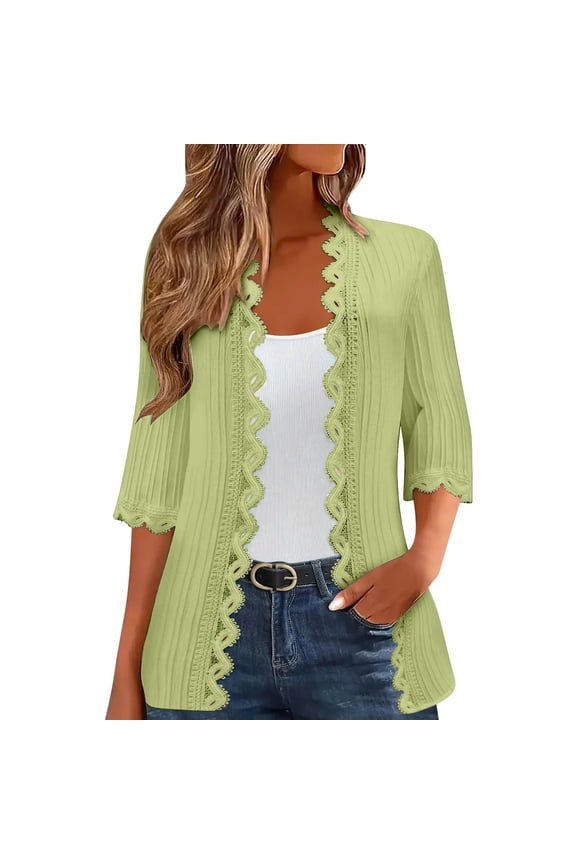 Lightweight Women's Open Front Kimono Cardigan 3/4 Sleeve Summer Cover Up Beach Lace Side Casual Sweater Jacket XXXXL Light Green