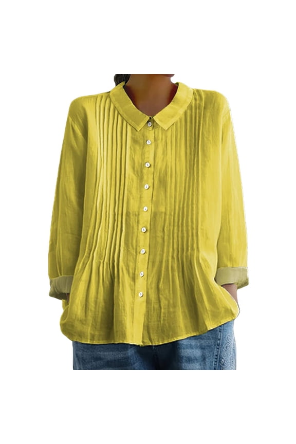 Linen Cotton Shirt For Women Boho Chic Lightweight Loose Fit Blouse Summer Breathable Comfortable Casual Top M Size Yellow