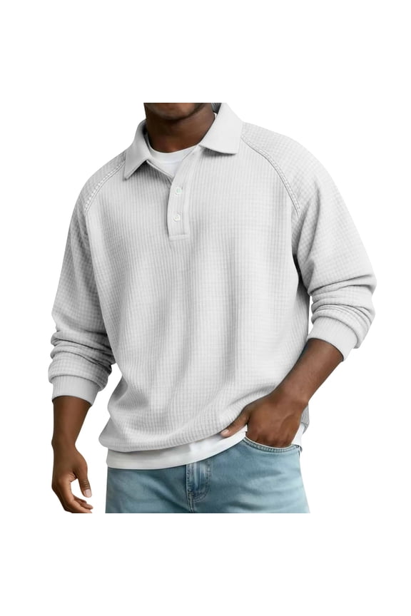 Long Sleeve Shirt for Men Ribbed Texture Midweight Waffle Knit Collared Top Versatile Relaxed Fit Plus Size Everyday Wear XL Size White